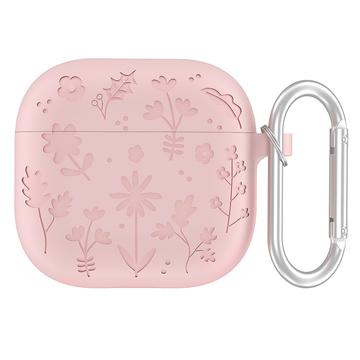 AirPods 4 Flower Pattern Liquid Silicone Case w. Carabiner - Light Pink