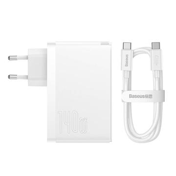 Baseus GaN5 Pro 140W Wall Charger w. USB-C Charging Cable - 2xUSB-C, USB-A - White