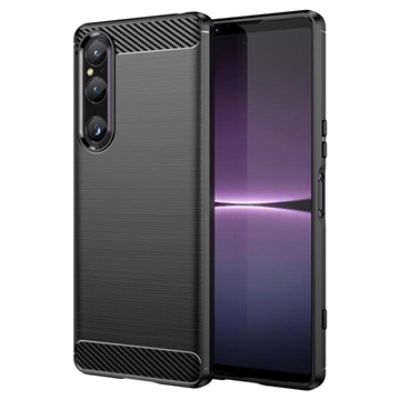 Sony Xperia 1 V Pouzdro z Kartáčovaného TPU - Uhlíkové Vlákno - Černá