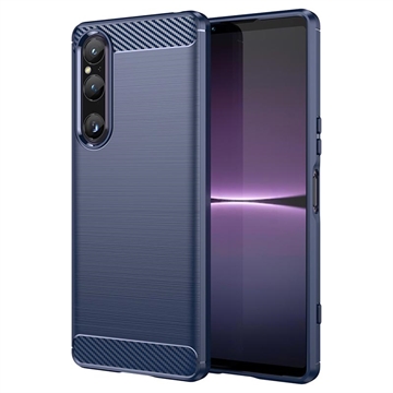 Sony Xperia 1 V Pouzdro z Kartáčovaného TPU - Uhlíkové Vlákno - Modrý