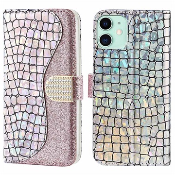 Croco Bling Series iPhone 13 Mini peněženka - růžové zlato