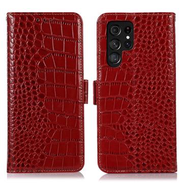 Crocodile Série Samsung Galaxy S23 Ultra 5G Kožené Pouzdro na Peněženku s RFID