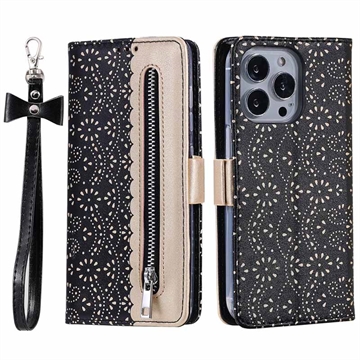 iPhone 16 Pro Lace Pattern Wallet Case - Black