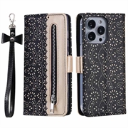 iPhone 16 Pro Max Lace Pattern Wallet Case - Black