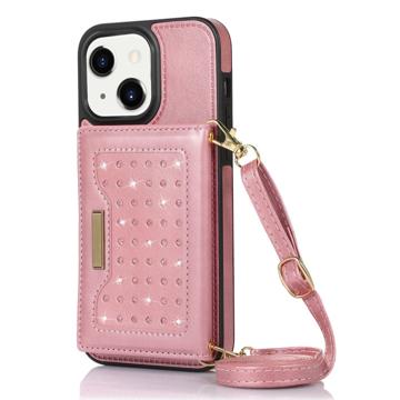 Pouzdro s Peněženkou iPhone 14 Plus Rhinestone Decor - Růžové Zlato