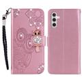 Samsung Galaxy A15 Owl Rhinestone Wallet Case - Rose Gold