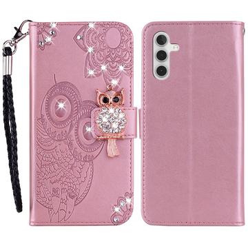 Samsung Galaxy A35 Owl Rhinestone Wallet Case - Rose Gold