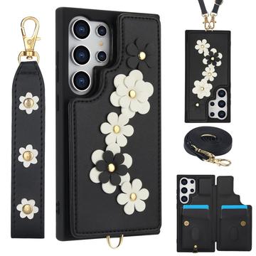 Samsung Galaxy S24 Ultra Flower Decor Case w. Strap - Black