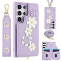 Samsung Galaxy S24 Ultra Flower Decor Case w. Strap - Purple