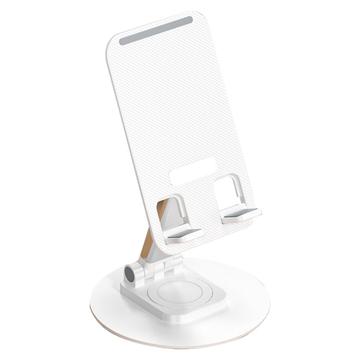 T9 Desktop Phone Stand Folding 360° Rotating Tablet Holder for Live Streaming, Online Teaching - White