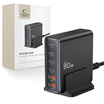 Tech-Protect DC80W GaN 6-Port Desktop Charger with 4x PD USB-C, 2x QC 3.0 USB-A - Black