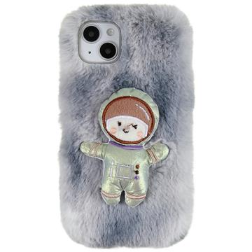 3D Plush Chlupatá Zima iPhone 14 Plus TPU Pouzdro - Šedá Spaceman