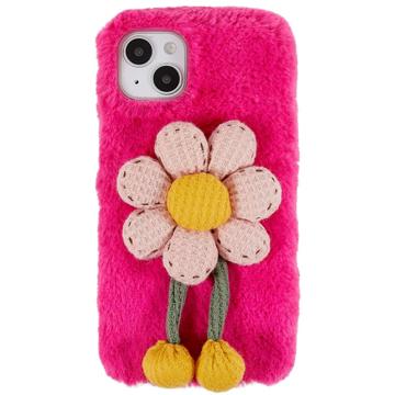 3D Plush Chlupatá Zima iPhone 14 Plus TPU Pouzdro - Horký Růžový Květ