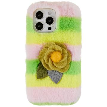 3D Plush Chlupatá Zima iPhone 14 Pro Max TPU Pouzdro - Žlutá Růžová