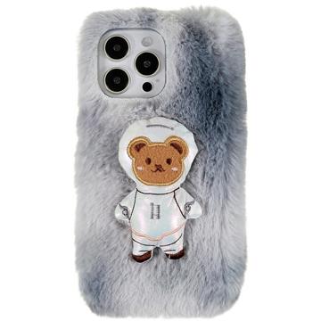 3D Plush Chlupatá Zima iPhone 14 Pro Max TPU Pouzdro - Medvěd šedý