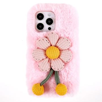 3D Plush Chlupatá zima iPhone 14 Pro TPU Pouzdro - Růžový květ