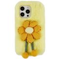 3D Plush Chlupatá zima iPhone 14 Pro TPU Pouzdro - Žlutá květ