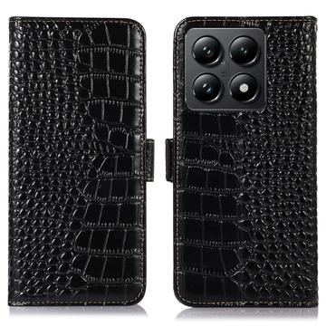 Crocodile Série Xiaomi 14T Pro Kožené Pouzdro na Peněženku s RFID - Černé