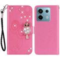 Xiaomi Redmi Note 13 Owl Rhinestone Wallet Case - Hot Pink