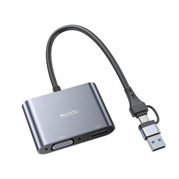 YESIDO HM15 USB / Type-C to VGA + HD Adapter HDTV Dual Monitors Mirroring Adapter