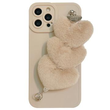 iPhone 15 Pro Case with Fluffy Heart Wristband - Beige