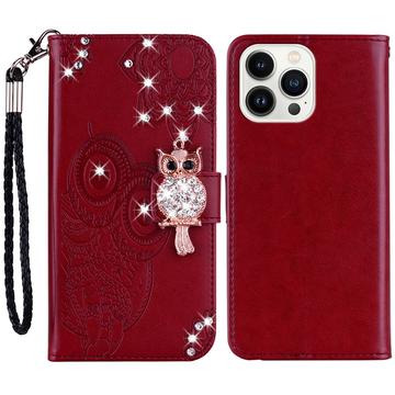 iPhone 15 Pro Owl Rhinestone Wallet Case - Red