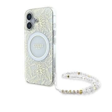 iPhone 16 Guess IML Flowers Allover Electro Case with Pearl Strap - MagSafe Compatible