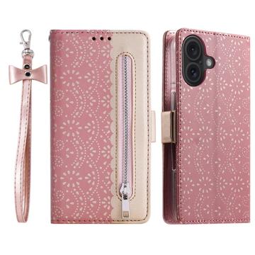 iPhone 16 Lace Pattern Wallet Case - Rose Gold