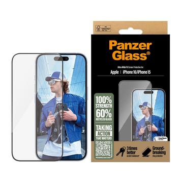 Ochranné tvrzené sklo iPhone 16/15 PanzerGlass Ultra-Wide Fit EasyAligner - Černá hrana