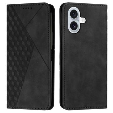 iPhone 16 Rhombus Pattern Wallet Case with Magnetic Closure – Black